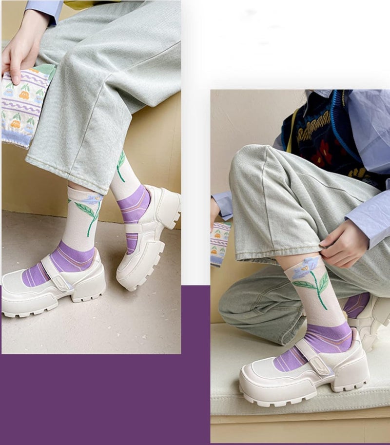 MarJunSep Cute Floral Crew Socks for Women Teen Girls Flower Cottagecore Frilly Vintage Fancy Cotton Socks - Image 5